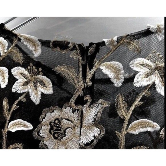 David Meister Floral Embroidered Midi Dress 6 Black White Gold Cocktail Formal - Picture 8 of 13